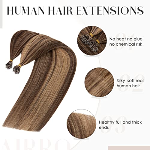 Hairro Nano Ring Hair Extensions Keratin Nano Bead Human Hair Pre Bonded Cold Fushion Highlight Microlink I Tip Hair Extensions For Women 22inch 50g/PACK 50 Strands #4P27 Medium Brown Mix Dark Blonde