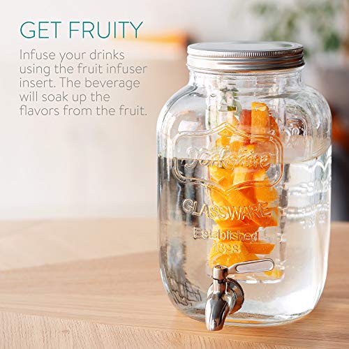 Navaris Glass Drink Dispenser with Spout - 4 L / 1 Gallon Mason Jar with Fruit & Ice Infuser - Beverage Fountain for Sweet...