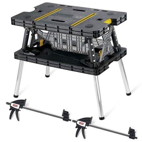 Keter Folding Work Table, Portable Workbench w/ 12" Clamps for Garage/Wood Shop - Heavy-Duty and All-Weather for DIY Home ...
