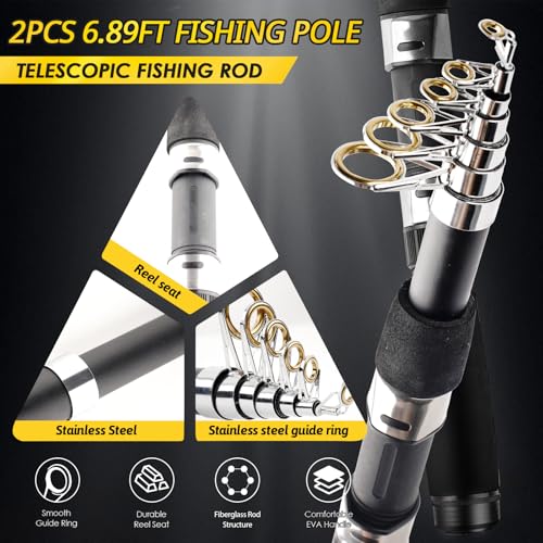 Telescopic Fishing Rod Reel Kit 2pcs 6.89FT Collapsible Spinning Pole Reel Combo Compact Fishing Lures Tackle Accessories ...