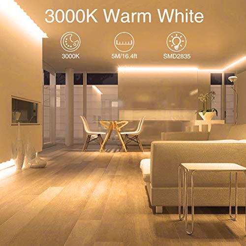 Warm LED Strip Lights,Onforu16.4ft Dimmable Strip Lighting,3000K 5m 12v Tape Light, 2835 LEDs Flexible Warm White Rope Lig...