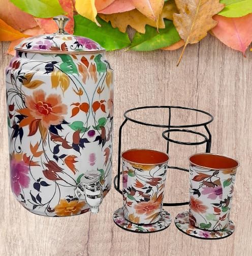 Ornate International Pure Copper Water Dispenser 5 Litre (5000ml) with Stand & Tap | Floral Printed Design | Includes 2 Co...
