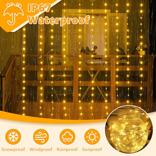 Ollny Curtain Lights 300LED 9.8ftx9.8ft, Connectable IP67 Waterproof Outdoor Curtain String Lights with Remote, Plug-in Un...