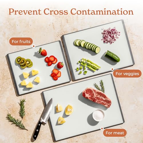 SMIRLY Plastic Cutting Board Set with Holder 3 Pieces, Non-Slip Dishwasher Safe Chopping Boards for Kitchen, Grey & White