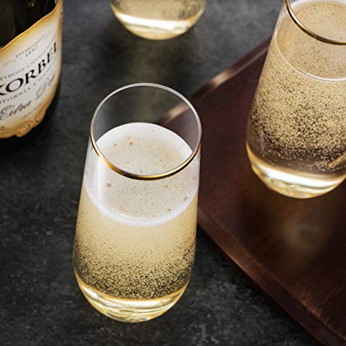 Munfix 48 Pack Stemless Plastic Champagne Flutes Disposable 9 Oz Gold Rim Clear Plastic Toasting Glasses Shatterproof Recy...