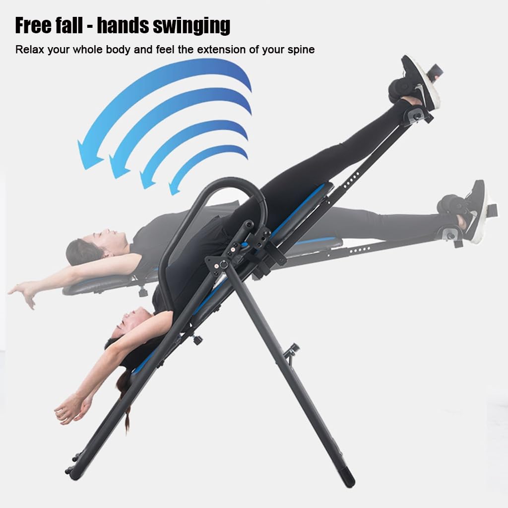 Folding heavy-duty inversion table with a capacity of 330 lbs, with removable shoulder rest and lumbar support