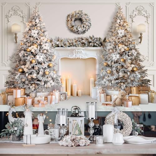 Mocsicka Classic Christmas Interior Room Photography Backdrop White Christmas Fireplace Photo Background Decorated Xmas Tr...