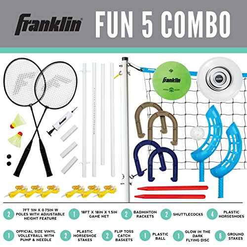 Franklin Sports Fun 5 Combo Outdoor Game Set - Backyard, Beach + Camping Games for Kids - Badminton, Volleyball, Flip Toss, Flying Disc - Horseshoes or Ring Toss