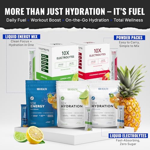 10X Health Electrolyte Drink Mix - Hydration Packets - Sodium, Magnesium, Potassium Citrate & Electrolytes Packets - Natur...
