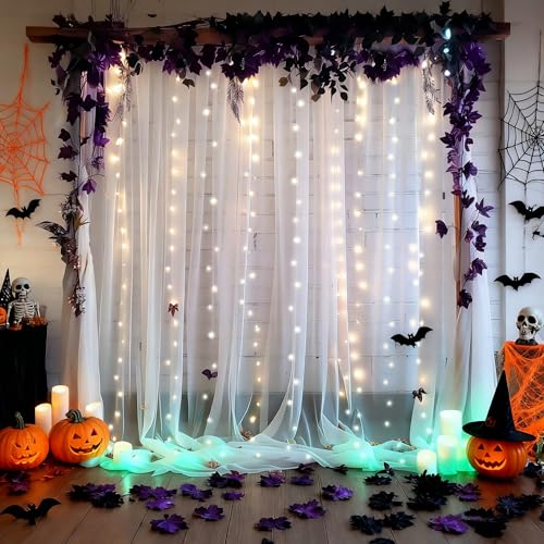 10x10ft White Tulle Backdrop Curtain with Lights String for Parites, Sheer Photo Backdrop Drapes with Lights for Wedding C...