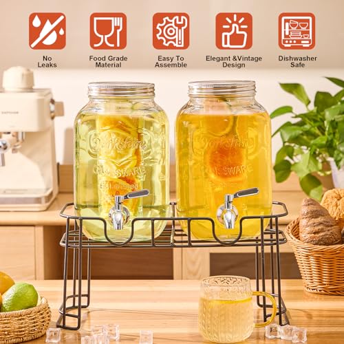 1 Gallon Glass Drink Dispensers for Parties, 2PACK Beverage Dispenser with Stand, Fruit Infuser and Stainless Steel Spigot...
