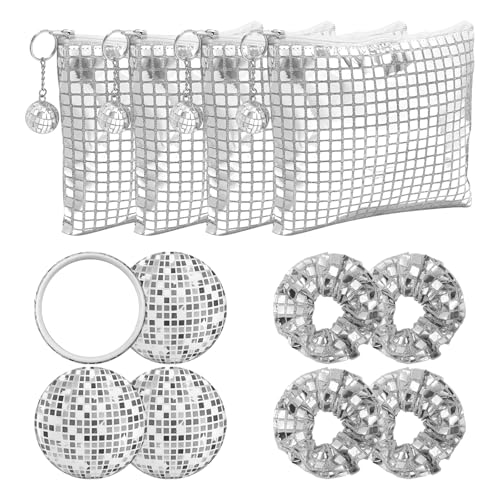 WPZQBW 12 Pcs Disco Party Favors Disco Cosmetics Bag，Silver Glitter Sequin Makeup Handbag，Makeup Bag Hair Scrunchies Compa...
