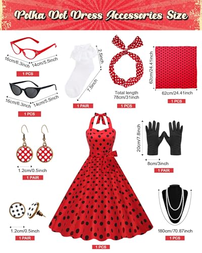 Women's 1950s Polka Dress Set Audrey Vintage-Inspired Cocktail Halter Swing Dress with Accessories 10PCS