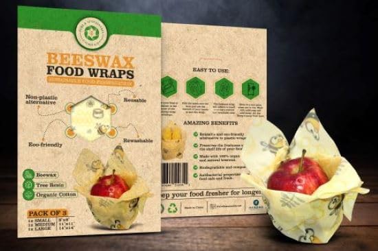 Pure & Sustainable Company® Beeswax Wraps – 3 Pack Reusable Food Storage (8x8, 11x11, 14x14) – Eco Friendly Plastic Wrap Alternative – Washable, Zero Waste – Bee Pattern