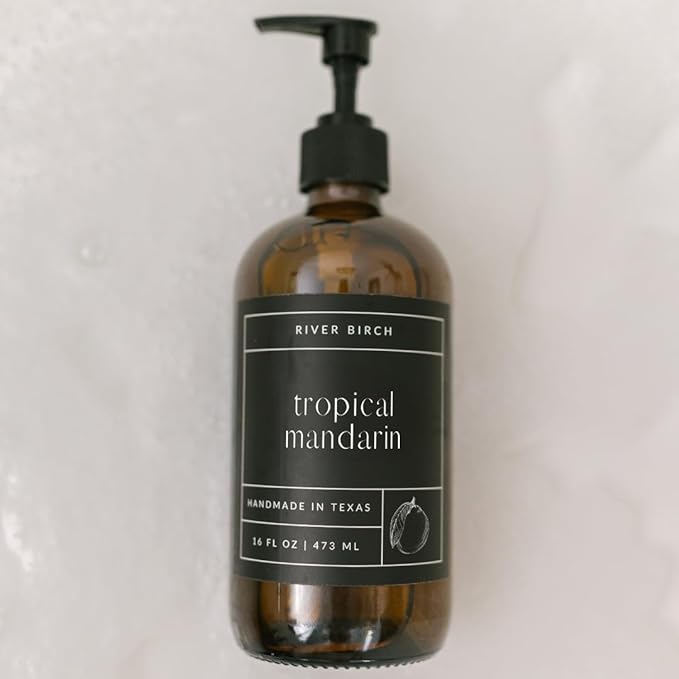River Birch Tropical Mandarin Scented Natural Hand Soap - Handmade Soap - Moisturizing Hand Wash with Amber Glass Dispenser - Luxury Scented and Hydrating - Vegan and Non-Toxic - 16 Fl Oz