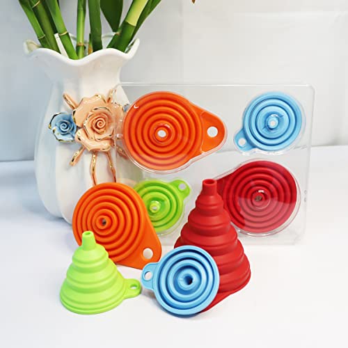 KongNai Kitchen Funnel Set 4 Pack, Small and Large, Kitchen Gadgets Accessories Foldable Silicone Collapsible Funnels for ...