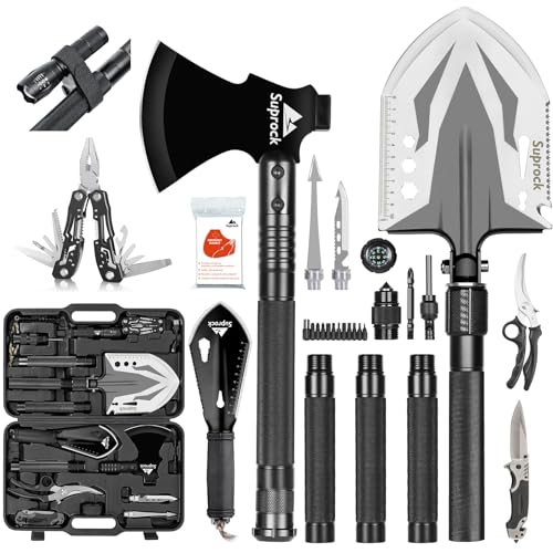 SUPROCK Survival Shovel and Camping Shovel, 30-in-1 Tactical Shovel Axe with High Carbon Steel, Folding Entrenching Tool w...