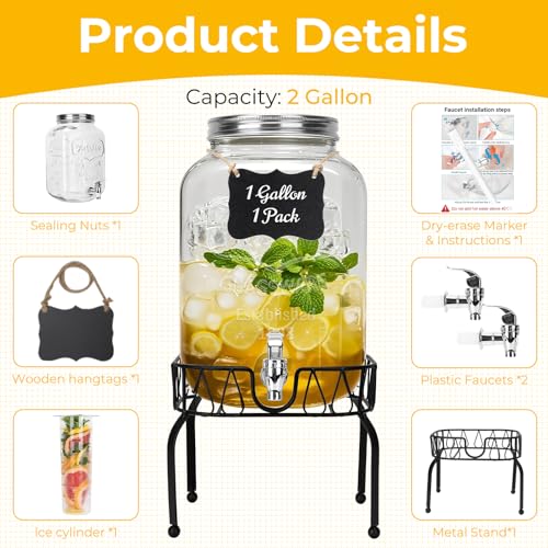 DHSBTLS 2 Gallon Glass Drink Dispensers, 1 Pack Clear Beverage Dispenser for Party, BBQ and Picnic, Juice Dispenser with I...