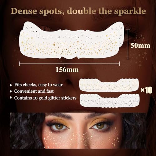 10 Pcs Glitter Freckles Face Tattoo, Face Glitter Makeup Patches, Waterproof Sparkle Freckles Tattoo Fairy Makeup Accessor...