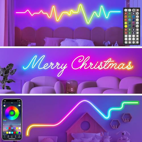 100Ft Neon Rope Lights,Flexible Led Rope Lights Control with App/Remote,Multiple Modes Rope Lights,IP65 Outdoor RGB Led Ne...
