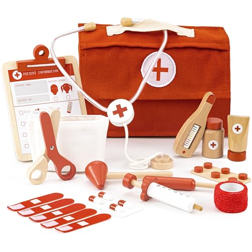 Wooden Doctor Play Set for Toddlers - A Complete Durable Pretend Play Medical Kit for Kids 3-5 with Realistic, Non-Toxic T...