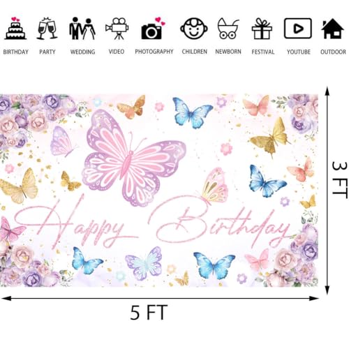 Butterfly Birthday Backdrop Banner Decorations Pink Spring Butterfly Background Photo Booth Props for Butterfly Theme Girl...