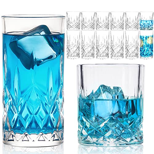 Claplante Drinking Glasses, 12 Piece Crystal Glass Cups, Mixed Glassware Set, 6 pcs Crystal Old Fashioned 11oz Highballs a...