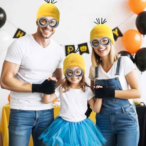 3 Pcs Halloween Costumes Accessories Adult Yellow Beanie Goggles Hat Gloves for Kids Family Funny Cosplay Party Gift