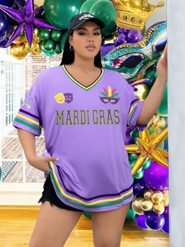 NANYUAYA Women's Plus Size Mardi Gras Oversized Shirt Fat Tuesday Carnival Top V Neck Festival Short Sleeve Party Tee