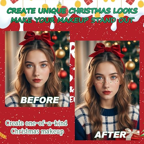 8 Pcs Christmas Face Temporary Tattoos, Ren Green and White Glitter Freckles Face Tattoo for Kids and Women, Waterproof Ch...