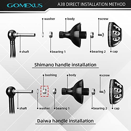 GOMEXUS Power Knob Compatible for Shimano Daiwa Penn Fishing Reel Handle Knob 38mm Metal with Shaft, Black Silver