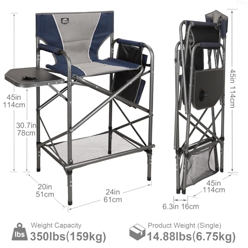 LANMONTAIN Folding Tall Director Chairs,30.7'' Seat High Makeup Solan Chairs,Portable Camping Chair w/Side Table Functiona...