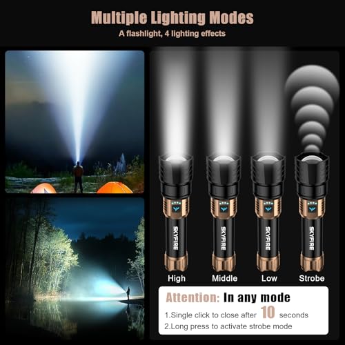 SKYFIRE LED Flashlights High Lumens with Ignition Lens,2000lm Super Bright Rechargeable Flashlight, Zoomable,Four Modes,Wa...