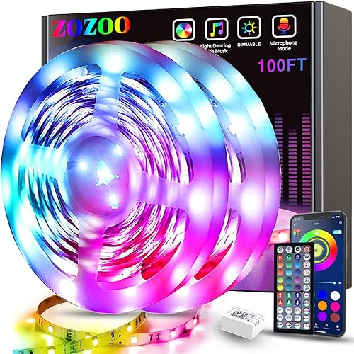 ZOZOO 100ft Led Lights for Bedroom(2 Rolls of 50ft), Smart RGB Led Strip Lights with 44-Key Remote & APP Control Music Syn...