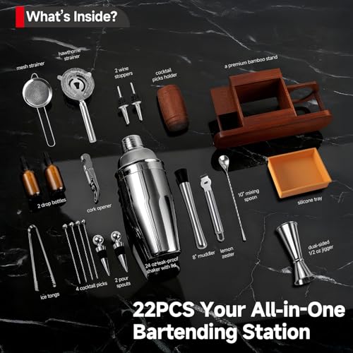 Lexenic Cocktail Making Dock, 23-Piece Cocktail Shaker Set with Versatile Wooden Stand, Easy Access Stainless Steel Barten...