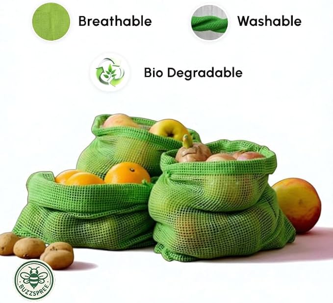 Buzzspree Eco-Friendly Cotton Mesh Produce Bags – Reusable, Washable & Sustainable Drawstring Net Bags for Fruits, Vegetables, Grocery Shopping & Kitchen Storage Organizer