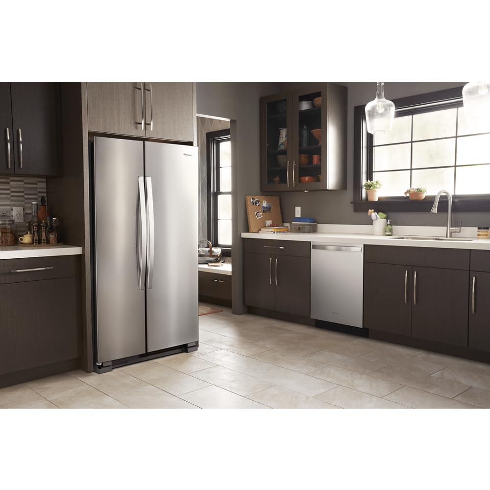 Whirlpool 33 Inch Freestanding Side by Side Refrigerator with 21.72 Cu. Ft. Total Capacity, Adjustable Gallon Door Bins, LED Interior Lighting, Hidden Hinges, Frameless Glass Shelves, Stainless Steel