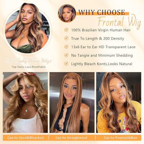 13x6 Honey Blonde Body Wave Lace Front Wigs Human Hair Pre Plucked 200% Density 4/27 Ombre Frontal Wigs HD Lace Front Wig Glueless Highlight Wigs for Black Women Human Hair Bleached Knots 20 inch