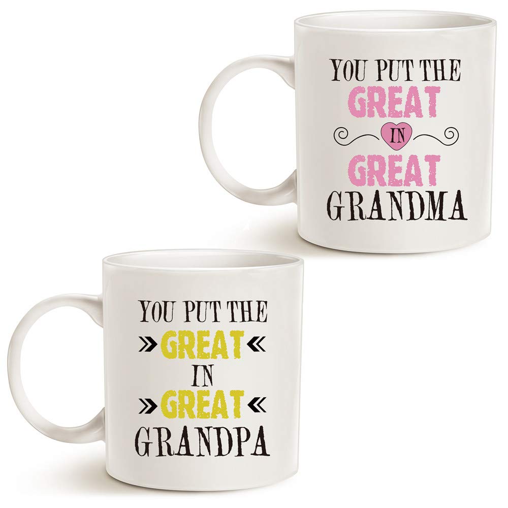 MAUAG Grandparent Coffee Mugs(2 pcs) Christmas Gifts, You Put the Great in Great Grandma/Grandpa Best Birthday Presents for Grandparent Grandma Grandpa Cups Set, White 11 Oz