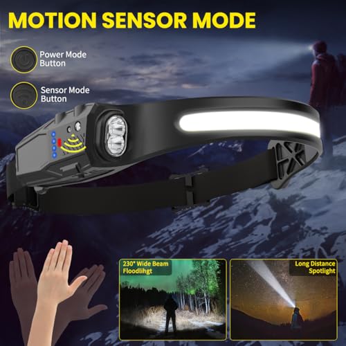 Headlamp Rechargeable 3Pack, 230° Wide Beam LED Headlamp, 7Mode Headlamps for Adults, Head Lamp with Motion Sensor, Red Li...