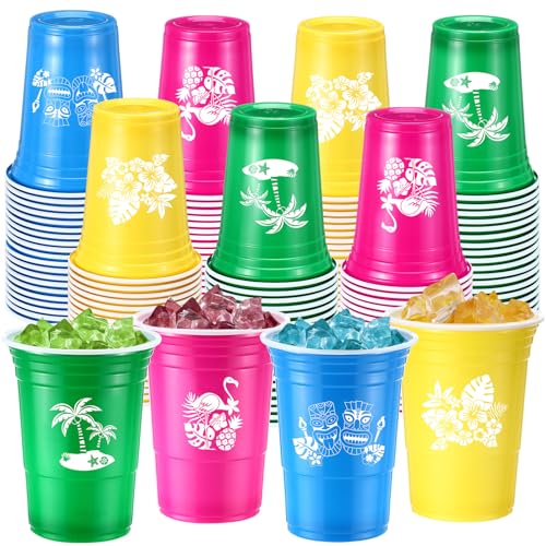 Domensi 120 Pcs Hawaiian Luau Party Plastic Cups 16 oz Summer Beach Tropical Plastic Disposable Cup Hot Cold Drink Wine Co...