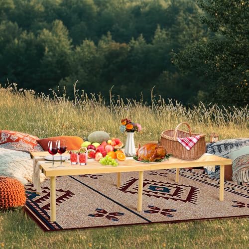 Folding Picnic Table with Table Runner, Portable Boho Low Picnic Table for Indoor Outdoor, 60" x 30" Wooden Table with Adj...