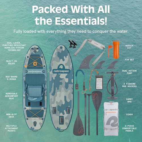 Retrospec June Nano Kids Inflatable Fishing Paddle Board SUP Kayak: 9'6" Hybrid Paddleboard with Rod Holders, Removable Se...
