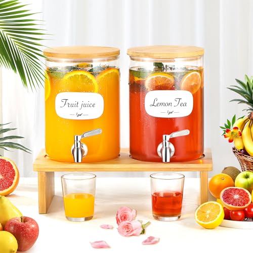 2 PCS 1 Gallon Glass Drink Dispenser for Parties. 2 Glass Beverage Dispenser with Bamboo Stand,18/8 Stainless Steel Spigot...