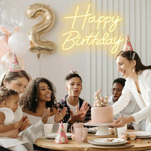 Happy Birthday Neon Sign for Backdrop, LED Happy Birthday Light Up Sign, USB Powered Dimmable Neon Light for Birthday Part...