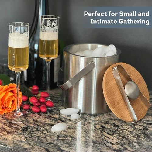 Lily's Home Double Wall Insulated Small Ice Bucket with Bamboo Lid - Stainless Steel Ice Holder with Tongs and Strainer, I...