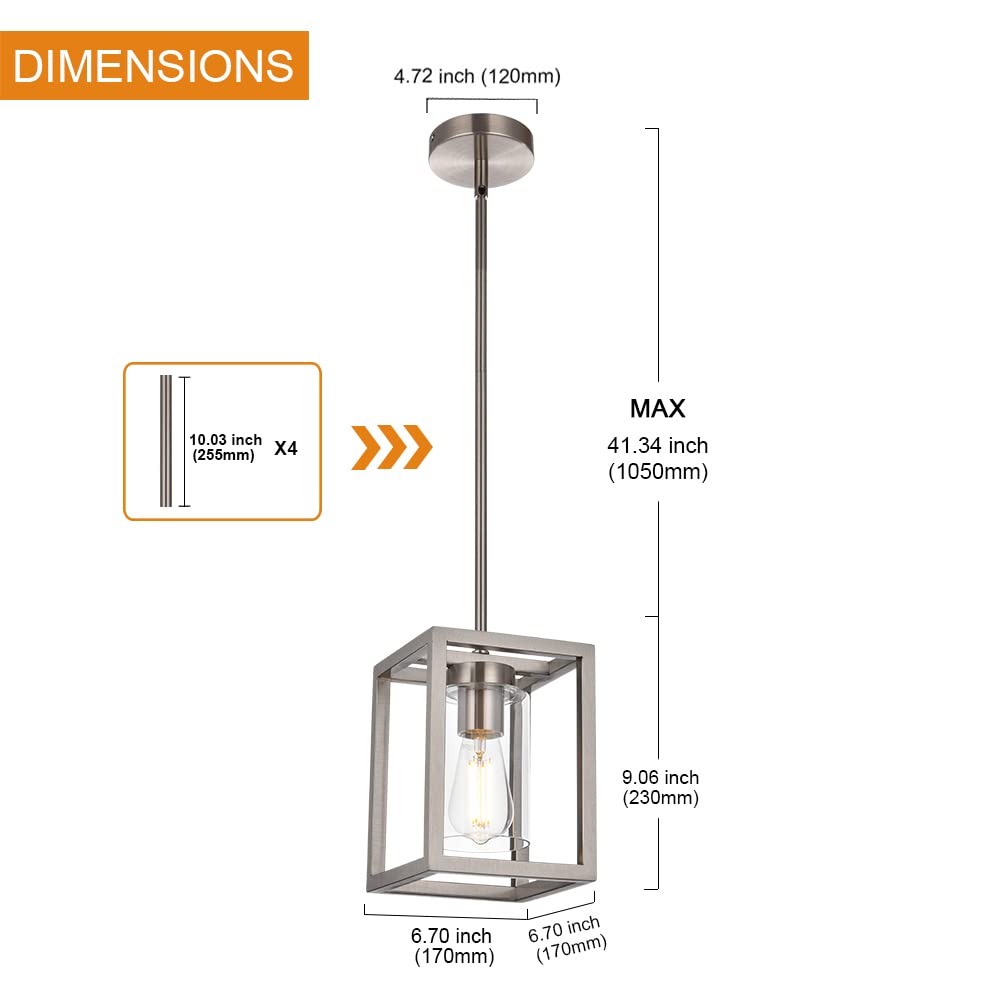 VINLUZ One Light Chandeliers Fixture Brushed Nickel Modern Pendant Kitchen Lighting with Clear Glass Shade Dining Room Lighting Fixtures Hanging Contemporary Lamp Semi Flush Mount Ceiling Lights