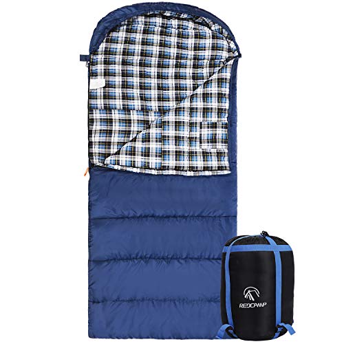 REDCAMP Flannel Sleeping Bag for Adults, Comfortable Cotton Sleeping Bags for Camping with Detachable Hood, Red/Grey/Blue/...
