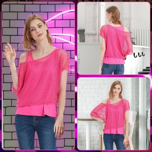 WILDPARTY Women's Casual Sexy Off Shoulder T-Shirt 80s 90s Outfit 80's Costume Fishnet Neon Shirt Summer Short Sleeve
