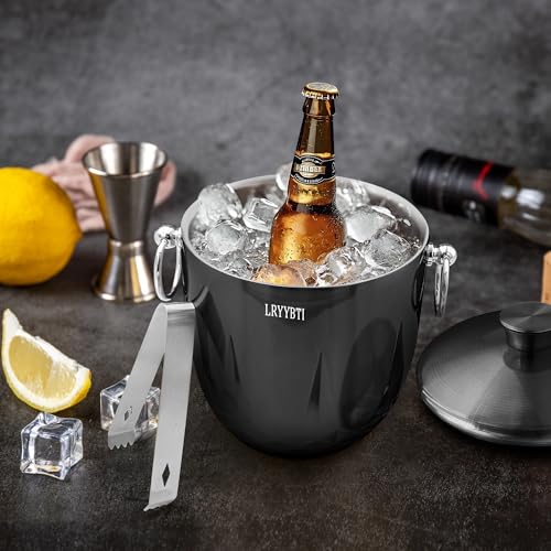 3L Ice Buckets for Parties and Cocktail Bar with Stainless Steel Lid,Tongs & Strainer(Black) Double-Wall Insulated Metal I...